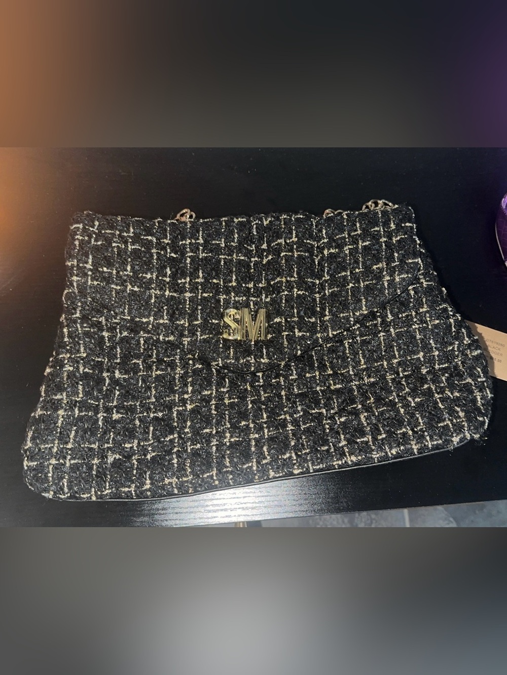 Black Tweed Chain-Handle Women's Shoulder Bag
